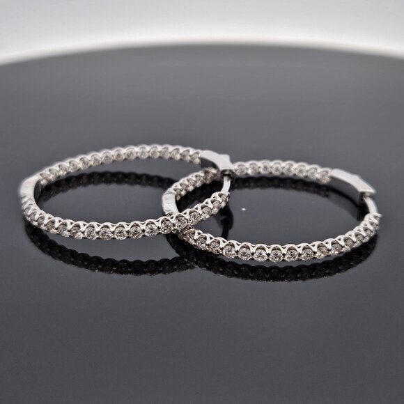 14K White Gold 2.00TCW Diamond Eternity Hoop Earrings 30mm 6.7 Grams - Picture 7 of 14